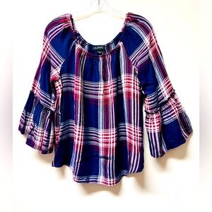 A. Byer Blue and Red Ruffled Bell Sleeve Blouse Women’s XL PLAID